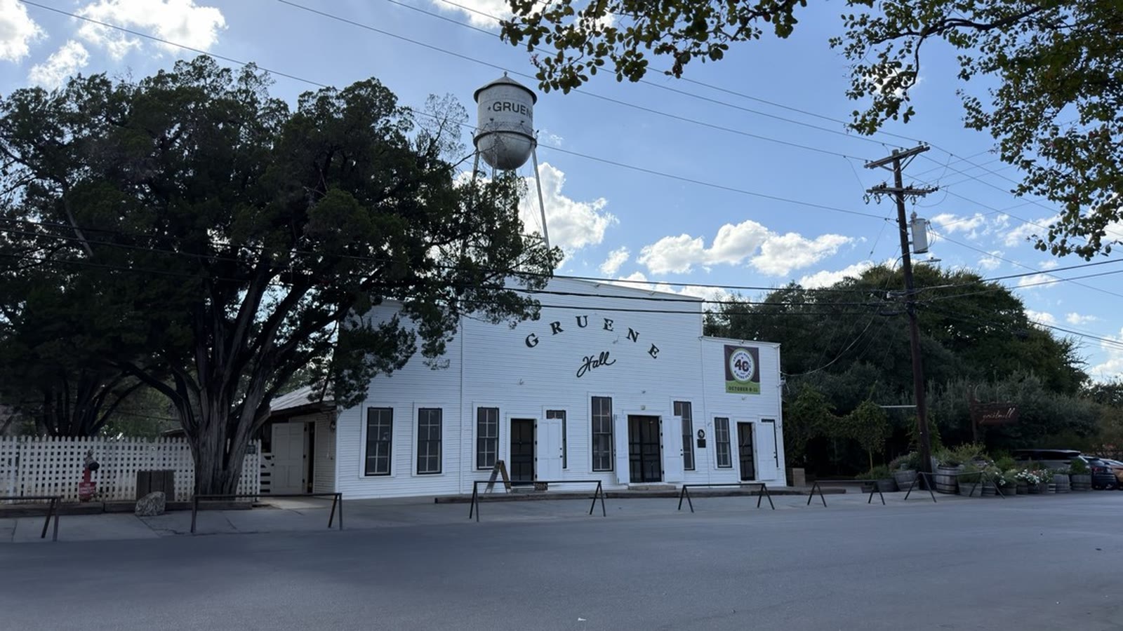 Gruene Hall and the Gruene water tower in Gruene, Texas